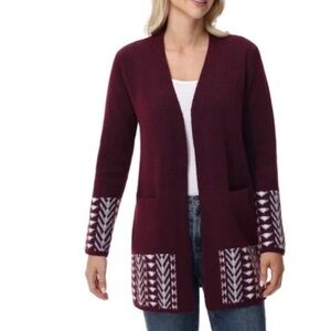 Frye Burgundy Open-Front Cardigan with Patterned Trim